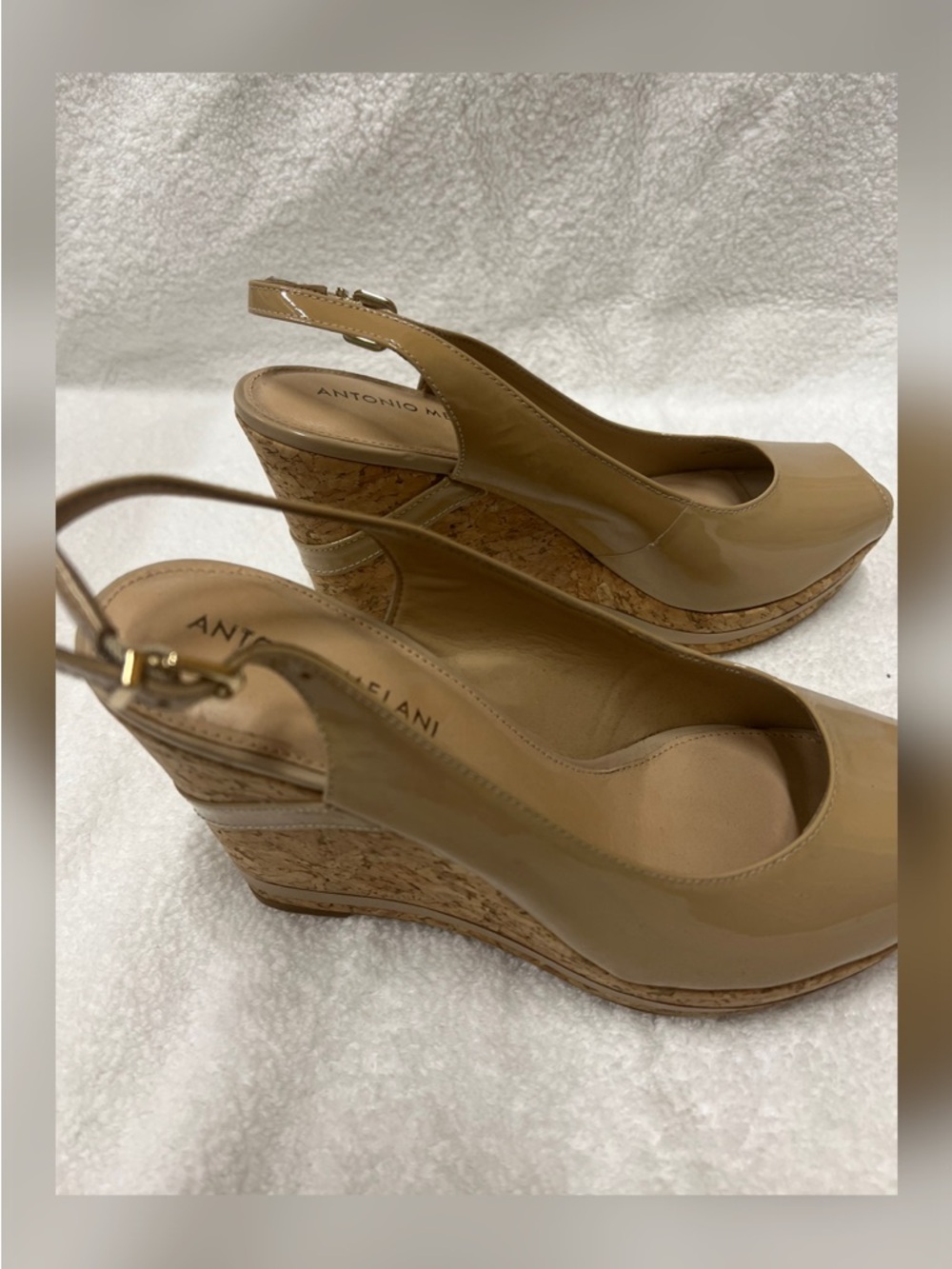 ANTONIO MELANI Tan Patent Cork Wedge Slingback Pumps